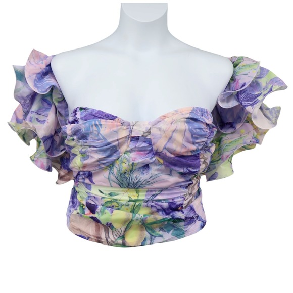 PrettyLittleThing Tops - PrettyLittleThing Plus Floral Bardot Crop Top Ruffle Puff Sleeve US 22 NWT